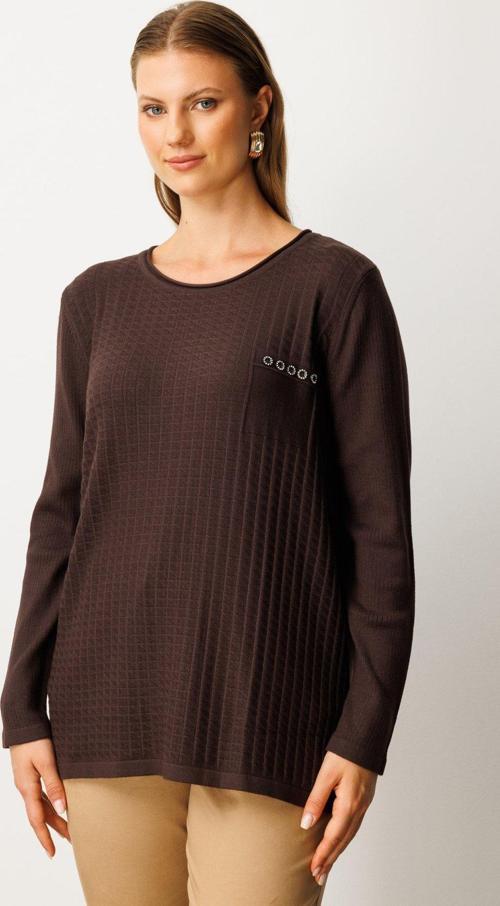 Kadın Büyük Beden Cebi Taşlı Triko Kazak 65354 Kahverengi