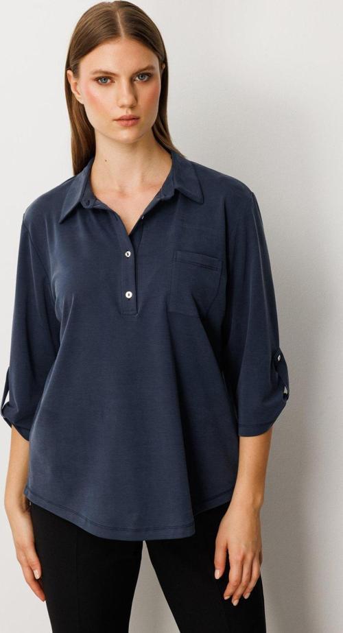 Kadın Büyük Beden Yakası Düğmeli Cep Detaylı Bluz 61356 Indigo