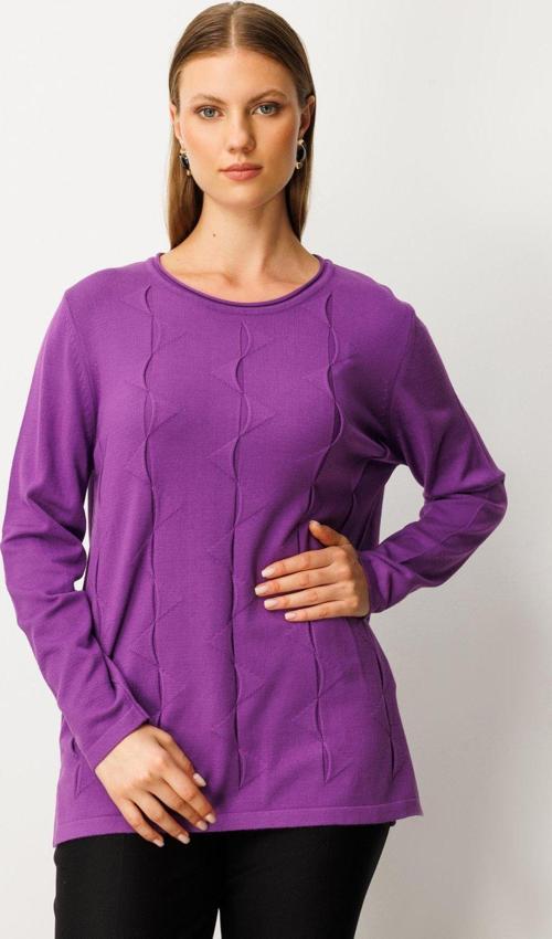 Kadın Büyük Beden Kendinden Desenli Triko Kazak 65329 Mor