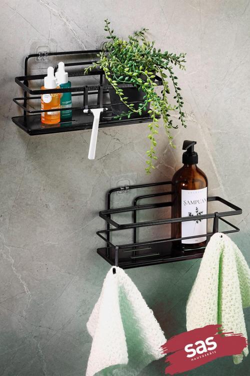 2’li Siyah Yapışkanlı Ayarlanabilir Banyo Rafı, Paslanmaz Kristal Şampuanlık (Yapıştır/Vidala)