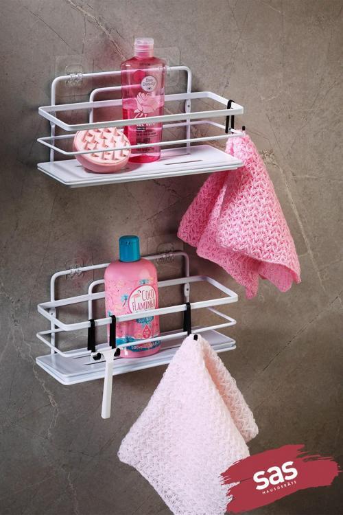 2’li Beyaz Yapışkanlı Ayarlanabilir Banyo Rafı, Paslanmaz Kristal Şampuanlık, (Yapıştır/Vidala)