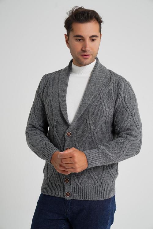 Erkek Koyu Gri Yürütme Baklava Desenli Şal Yaka Düğmeli Yün Hırka TRIST-5359