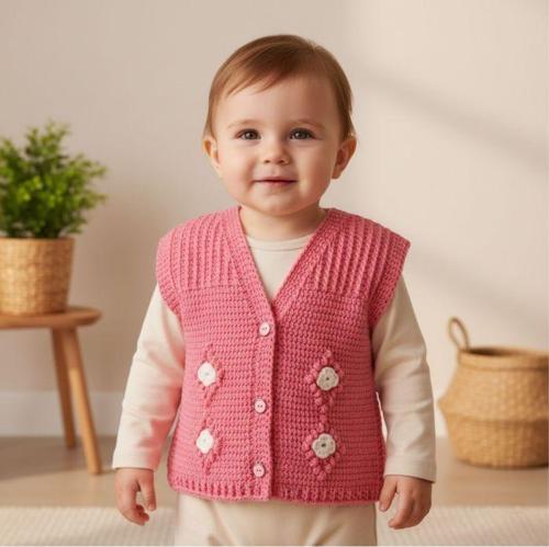 - Çiğdem 1390 3485 El Örgüsü Çiçek Desenli Örgü Yelek /  1 - 3 Yaş