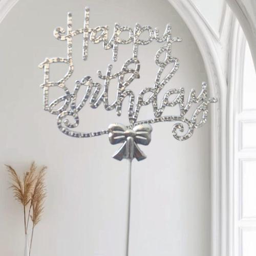 Gümüş Happy Birthday Lüx Taşlı Pasta Süsü