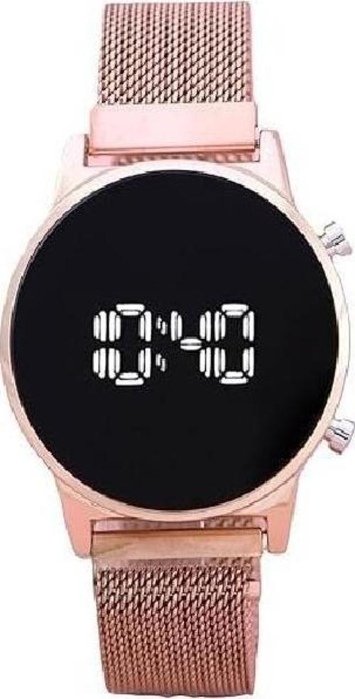 Çelik Dijital LED Kadın Kol Saati, Rose Gold Hasır Kordon, Yeni Model, Oval Ekran