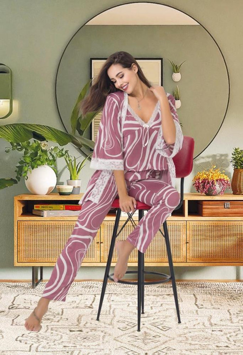 Üçlü Sabahlık Desenli Fantazi Pijama Takım