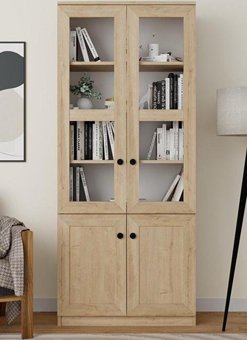 Lisa 4 Kapaklı Safir Meşe Vitrin -Kitaplık ve Çok Amaçlı Dolap