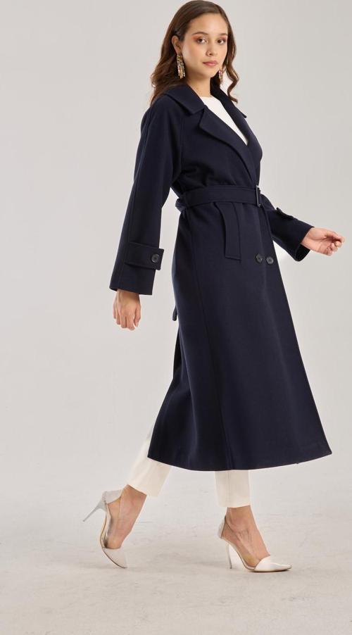 Lacivert Regular Kemerli Kaşe Kaban