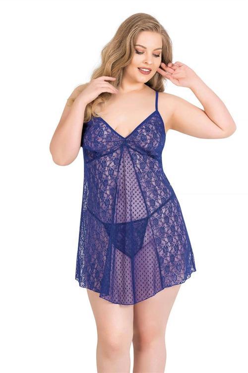 Bicomi Büyük Beden Saks Kısa Tül Gecelik