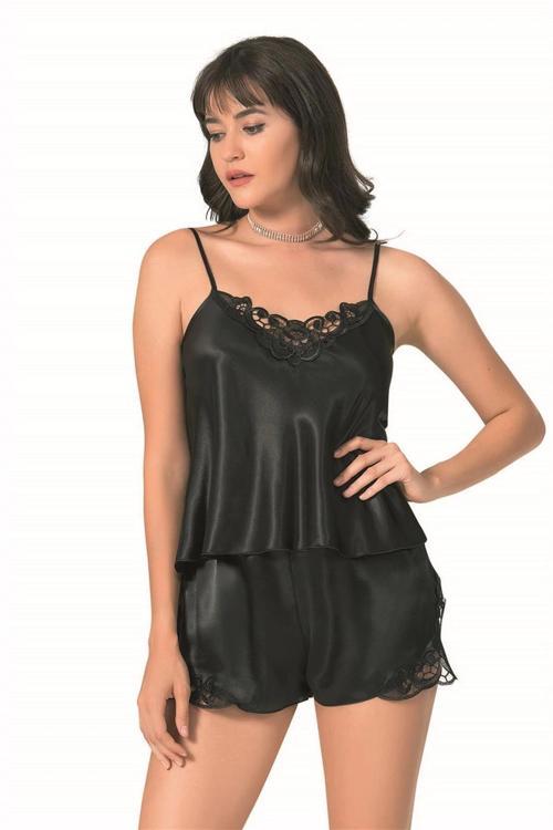 Bicomi Siyah Saten Babydoll Şort Takımı