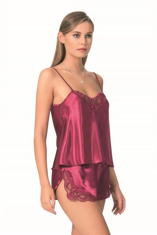 Bicomi Bordo Saten Babydoll Şort Takımı