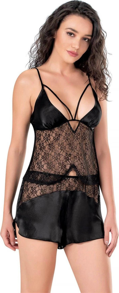 Bicomi Siyah Saten Babydoll Şort Takımı