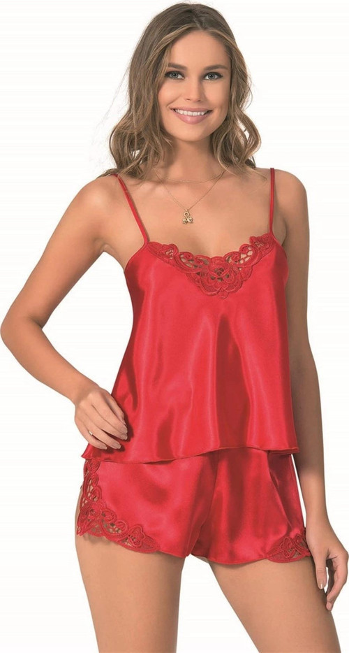 Bicomi Kırmızı Saten Babydoll Şort Takımı