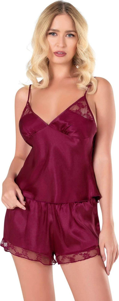 Bicomi Bordo Saten Babydoll Şort Takımı