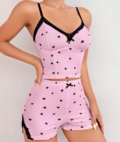 Bicomi Pembe Kalp Desenli Askılı Şortlu Pijama Takım