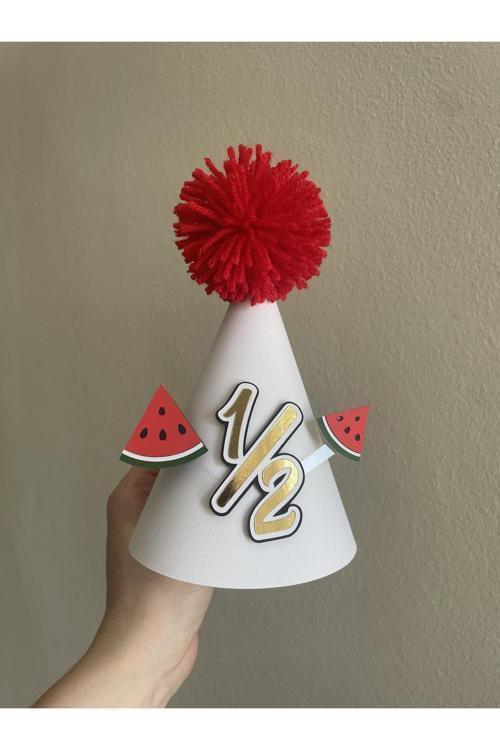 Karpuz Konsept Yarım Yaş Parti Şapkası, 6 Ay Kınası, Ek Gıda Kutlama Karton Şapka