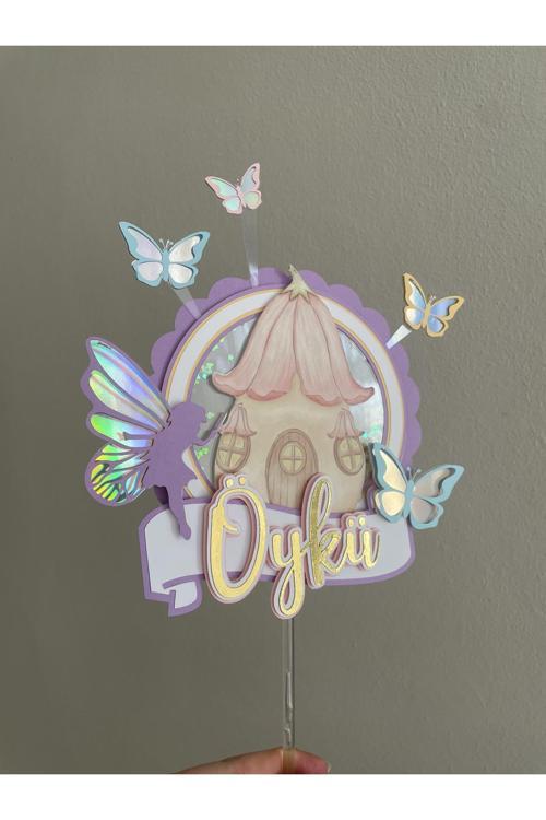 Peri Konsept Kişiye Özel Cake Topper | Pastel Gold Pasta Süsü | Kelebekli Doğum Günü Dekoru (Mor)