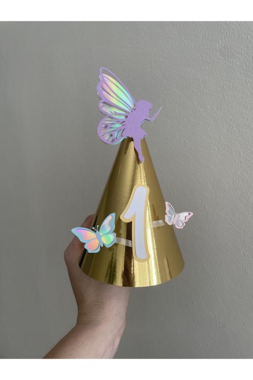 Peri Konsept Kişiye Özel Parti Şapkası | Kelebekli İlk Yaş Şapkası | 1 Yaş Doğum Günü - Mor