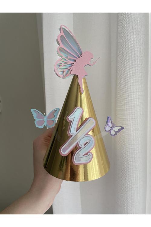 Peri Konsept Kişiye Özel Parti Şapkası | Pastel Gold Kelebekli Yarım Yaş Karton Şapka