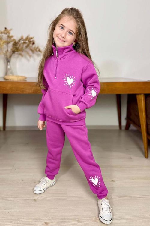 Kız Çocuk Kalp Emoji Baskılı Kanguru Cepli Fermuarlı Sweat Mor Eşofman Takım