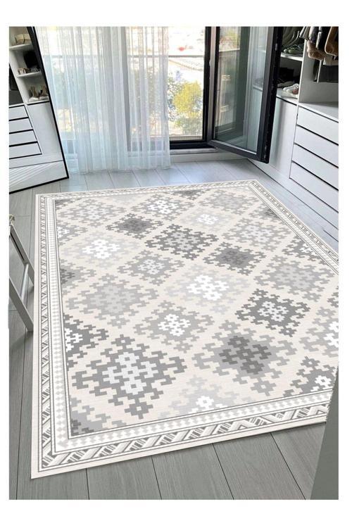 Gri Dijital Kilim Baskı Kaymaz Tabanlı Yıkanabilir Baskılı Halı Yolluk