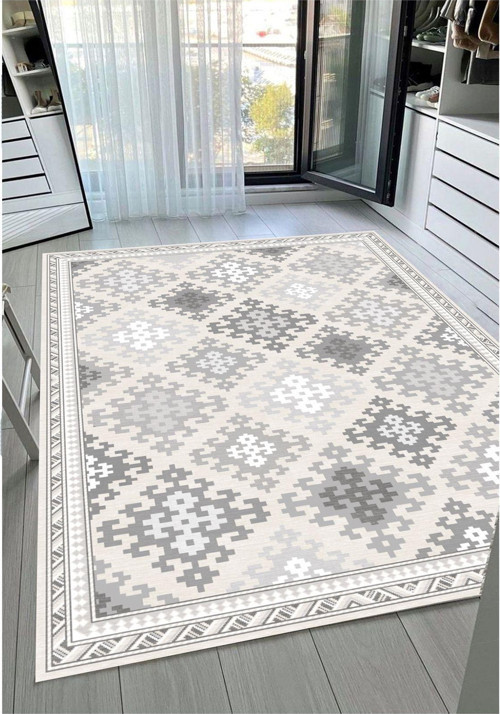 Gri Dijital Kilim Baskı Kaymaz Tabanlı Yıkanabilir Baskılı Halı Yolluk