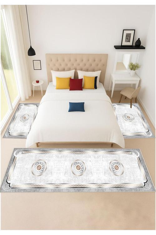 Gri Dijital Baskılı 3 'Lü Yatak Odası Halısı Yolluk Takımı 80X150 2 Adet 80X300 1 Adet 30