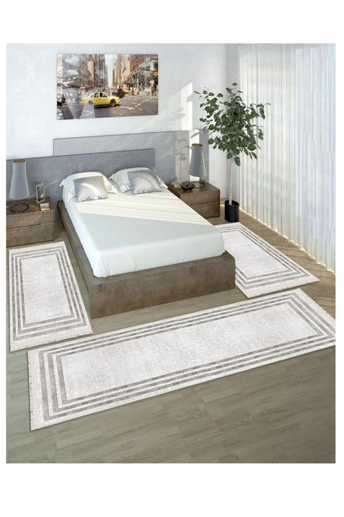 Gri Dijital Baskılı 3 'Lü Yatak Odası Halısı Yolluk Takımı 80X150 2 Adet 80X300 1 Adet 13