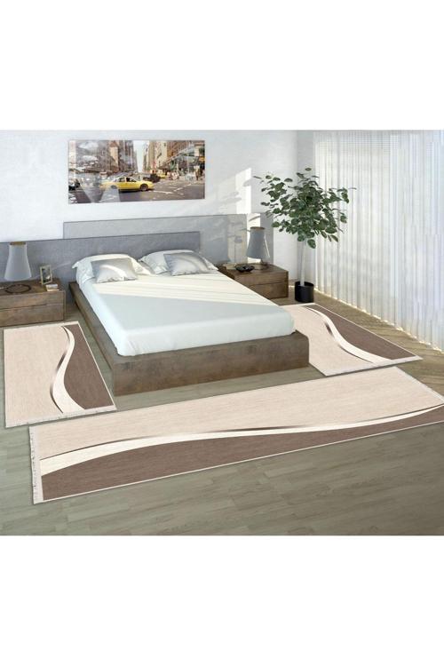 Kahverengi Dijital Baskılı 3 'Lü Yatak Odası Halısı Yolluk Takımı 80X150 2 Adet 80X300 1 Adet 13