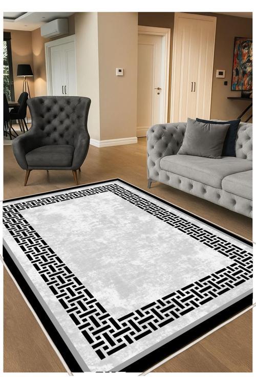 Siyah Gri Dijital Baskı Halı Kaymaz Tabanlı Yıkanabilir Halı Yolluk Salon Halısı 782