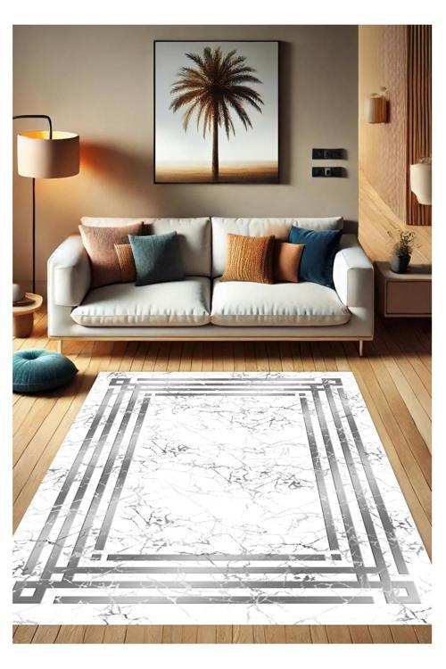Gri Dijital Baskı Halı Kaymaz Tabanlı Yıkanabilir Halı Yolluk Salon Halısı 446