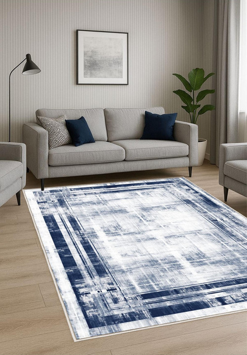 Lacivert Gri Dijital Baskı Halı Kaymaz Tabanlı Yıkanabilir Halı Yolluk Salon Halısı 765