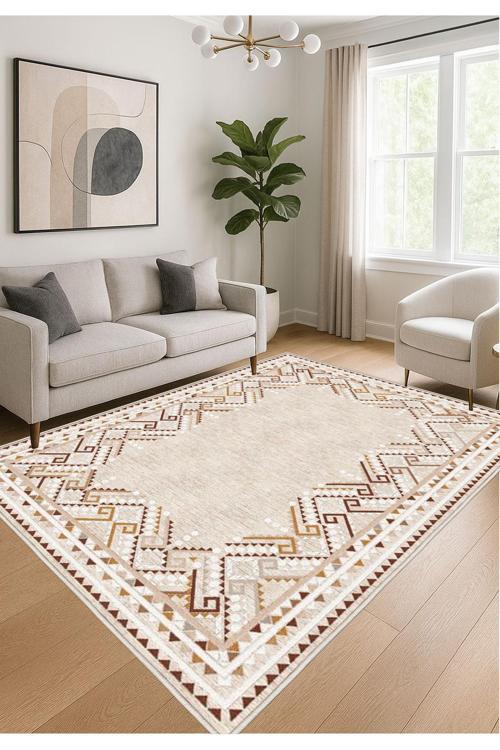 Krem Dijital Baskı Halı Kaymaz Tabanlı Yıkanabilir Halı Yolluk Salon Halısı 761