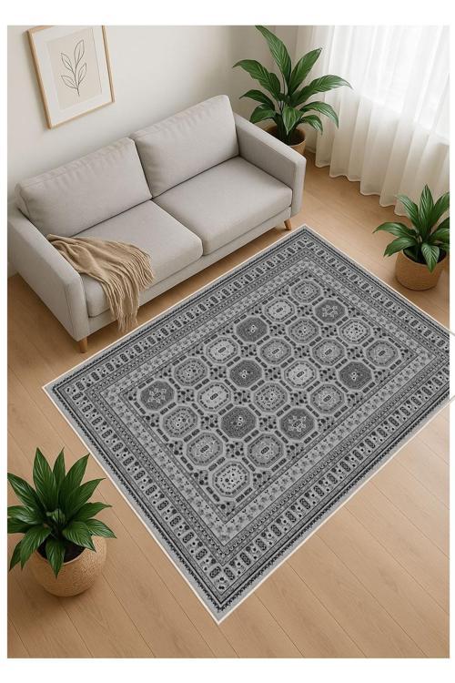 Gri Dijital Baskı Halı Kaymaz Tabanlı Yıkanabilir Halı Yolluk Salon Halısı 758