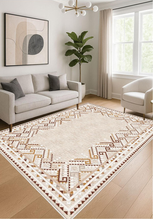 Krem Dijital Baskı Halı Kaymaz Tabanlı Yıkanabilir Halı Yolluk Salon Halısı 761