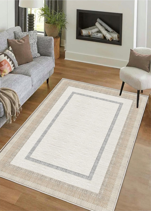 Krem Dijital Baskı Halı Kaymaz Tabanlı Yıkanabilir Halı Yolluk Salon Halısı 651