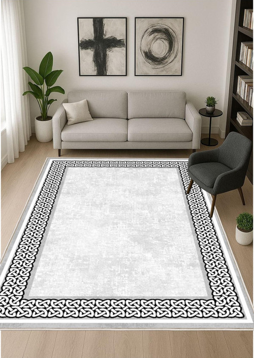 Gri Dijital Baskı Halı Kaymaz Tabanlı Yıkanabilir Halı Yolluk Salon Halısı 1596-4