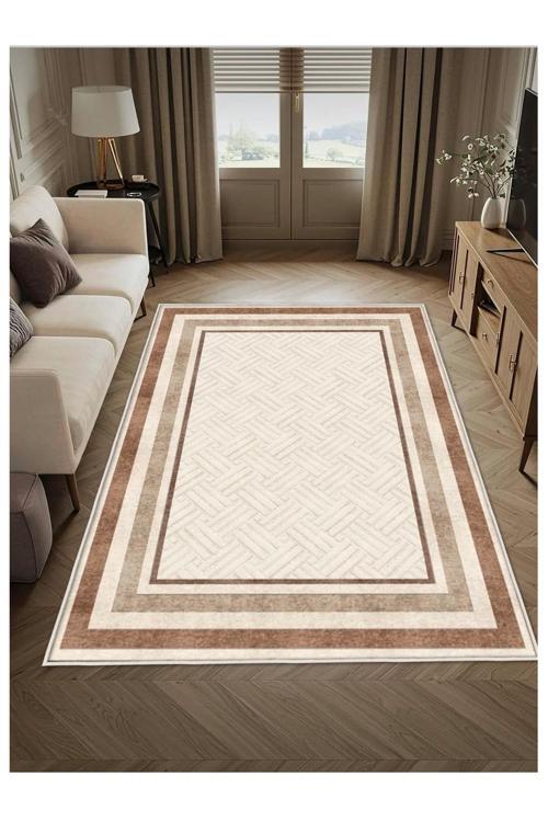 Kahverengi Krem Dijital Baskı Halı Kaymaz Tabanlı Yıkanabilir Halı Yolluk Salon Halısı 657