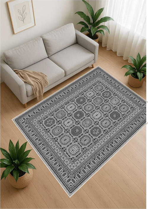 Gri Dijital Baskı Halı Kaymaz Tabanlı Yıkanabilir Halı Yolluk Salon Halısı 758