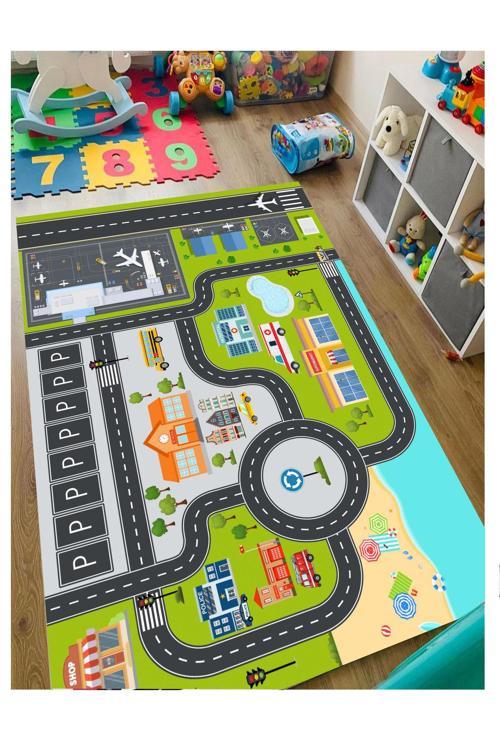 Otoparklı Yol Çocuk Halısı Yıkanabilir Kaymaz Taban Bebek Ve Çocuk Odası Halısı Matı