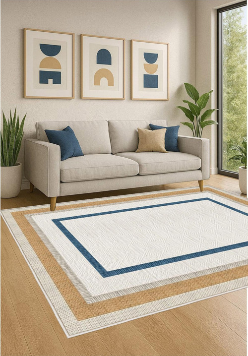 Mavi Krem Dijital Baskı Halı Kaymaz Tabanlı Yıkanabilir Halı Yolluk Salon Halısı 775