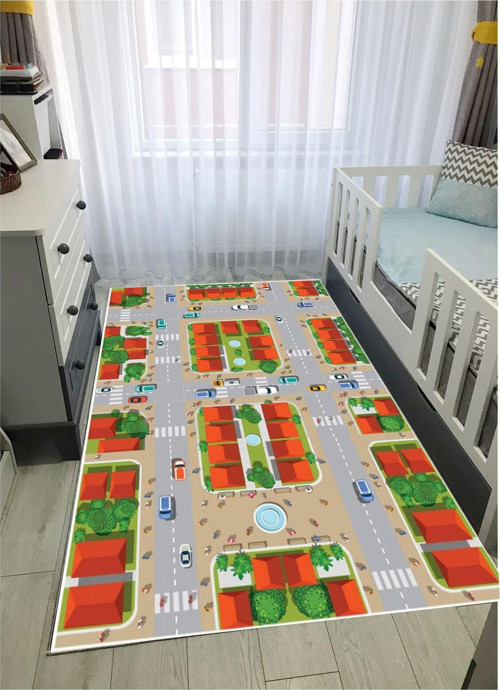 Trafik Çocuk Oyun Halısı Kaymaz Makinede Yıkanabilir Eğitici Bebek Ve Çocuk Odası Halısı Oyun Matı