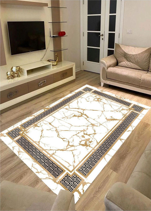 Bej Gold Dijital Kilim Baskı Kaymaz Tabanlı Yıkanabilir Baskılı Halı Yolluk