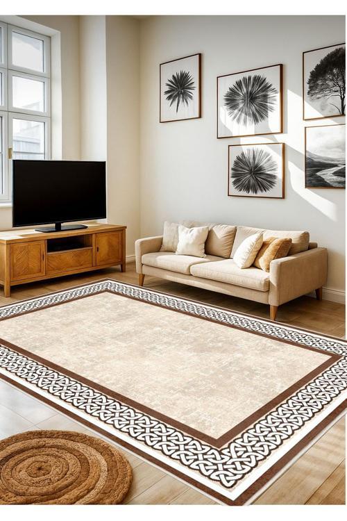Krem Kahverengi Dijital Baskı Halı Kaymaz Tabanlı Yıkanabilir Halı Yolluk Salon Halısı 1596 1