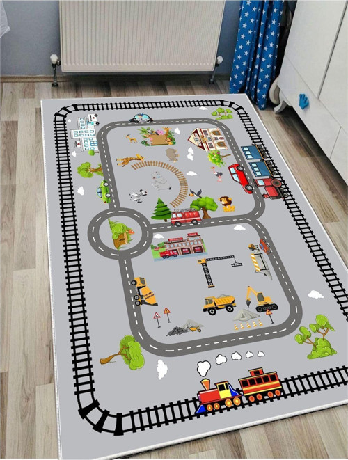 Trafik Çocuk Halısı Kaymaz Taban Makinede Yıkanabilir Eğitici Bebek Ve Çocuk Odası Halısı Oyun Matı
