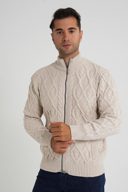 Erkek Bej Cepli Fermuarlı Yürütme Saç Örgülü Yün Hırka TRIST-5355