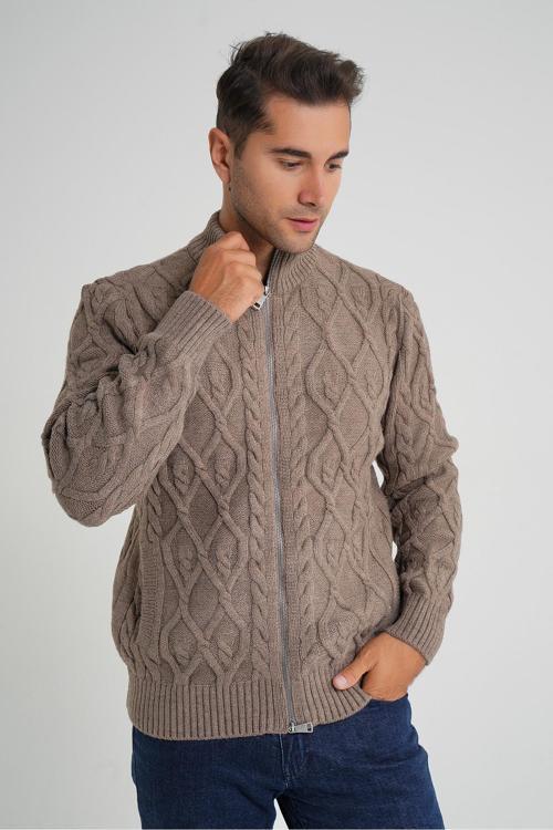 Erkek Sütlü Kahve Cepli Fermuarlı Yürütme Saç Örgülü Yün Hırka TRIST-5355