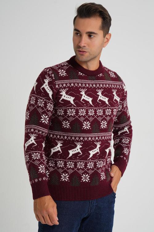 ERKEK BORDO BİSİKLET YAKA JAKARLI GEYİKLİ YÜN YILBAŞI KAZAK TRIST-5360