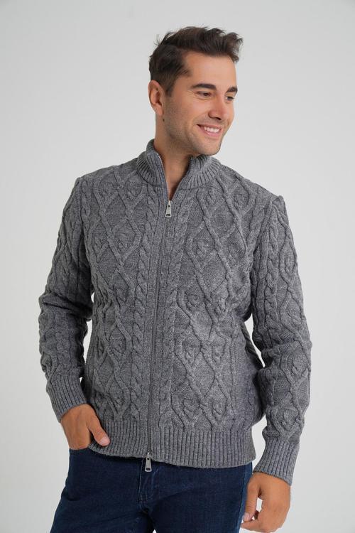 Erkek Koyu Gri Cepli Fermuarlı Yürütme Saç Örgülü Yün Hırka TRIST-5355