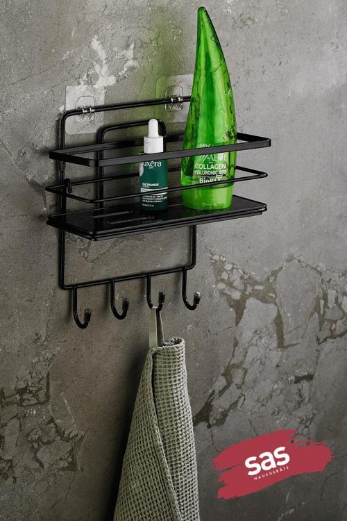 4 Kancalı Ayarlanabilir Banyo Duş Rafı – Paslanmaz Kristal Şampuanlık (Yapıştır/Vidala) Siyah